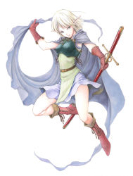 Rule 34 | 1girl, aritani mahoro, armor, blonde hair, boots, cape, character request, colored pencil (medium), dress, elf, female focus, full body, gloves, green eyes, highres, holding, jumping, legs, marker (medium), open mouth, original, painting (medium), pointy ears, record of lodoss war, short hair, simple background, smile, solo, sword, traditional media, watercolor (medium), weapon, white background