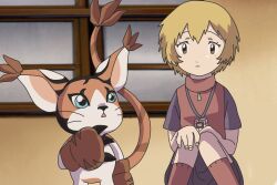 Rule 34 | blonde hair, blue eyes, cat, digimon, digimon (creature), looking at another, mikemon, tail