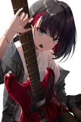 Rule 34 | 1girl, arm up, bad id, bad twitter id, bang dream!, bass guitar, black hair, blush, bracelet, fender jazz bass, green eyes, guitar, highres, holding, holding instrument, instrument, jewelry, looking at viewer, mitake ran, multicolored hair, parted lips, plectrum, plectrum in mouth, red hair, shirt, short hair, smile, solo, soya (torga), white shirt