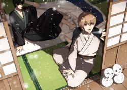 Rule 34 | 2boys, arm up, black hair, black kimono, breath, brown hair, closed eyes, collarbone, commentary request, eyebrows hidden by hair, futon, gintama, hair between eyes, hijikata toushirou, japanese clothes, kimono, long sleeves, male focus, multiple boys, nikuhen, okita sougo, open mouth, parted lips, red eyes, shinsengumi (gintama), sitting, snowing, snowman, translation request, white kimono, wide sleeves