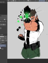 Rule 34 | 1boy, arm up, art program in frame, bara, ben 10, ben 10000, ben tennyson, brown hair, cropped legs, frown, glowing, green eyes, grey hair, large pectorals, looking at viewer, male focus, matty (radicallymaxton), mature male, multicolored hair, muscular, muscular male, one eye covered, pectorals, serious, short hair, solo, streaked hair, thick eyebrows, unfinished
