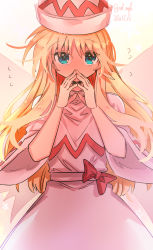 Rule 34 | 1girl, absurdres, blonde hair, blue eyes, blush, bow, commentary request, covered mouth, dated, dress, fairy wings, flying sweatdrops, hair between eyes, hands up, hat, highres, ichirugi, lily white, long hair, looking at viewer, nose blush, red bow, short sleeves, solo, steepled fingers, touhou, twitter username, very long hair, white dress, white hat, wide sleeves, wings
