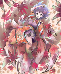 Rule 34 | 1girl, :o, arms up, artist request, autumn, autumn leaves, blue hair, bracelet, breasts, dress, falling leaves, full body, jewelry, large breasts, leaf, looking at viewer, open mouth, original, panties, pelvic curtain, pointy ears, purple dress, solo, thighhighs, underwear