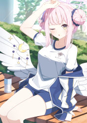 Rule 34 | 1girl, blue archive, bottle, divergenceok, double bun, hair bun, halo, highres, jacket, mika (blue archive), one eye closed, pink hair, shirt, shorts, sitting, water bottle, white shirt, wings, yellow eyes