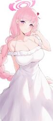 1girl alternate_costume blue_archive breasts collarbone commission dress eimi_(blue_archive) frilled_dress frills halo highres large_breasts pink_hair pink_halo purple_eyes simple_background solo white_background white_dress xooku