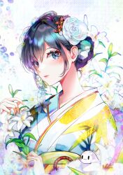 Rule 34 | 1girl, blue eyes, blue hair, boros (ouro kronii), flower, hair flower, hair ornament, holding, holding flower, hololive, hololive english, japanese clothes, kimono, lips, looking at viewer, official alternate costume, ouro kronii, ouro kronii (new year), short hair, solo, sowon, virtual youtuber