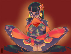 Rule 34 | 1girl, barefoot, black hair, blunt bangs, bodypaint, bottomless, chel (the road to el dorado), choker, clothes lift, commentary, detached leggings, detached sleeves, dia de muertos, earrings, english commentary, facepaint, feet up, female pubic hair, flower, full body, gold choker, gold earrings, hair flower, hair ornament, jewelry, kumbhker, lips, long hair, looking at viewer, mexico, mouth hold, nipples, orange eyes, orange legwear, orange tube top, painted clothes, pubic hair, pubic stubble, pussy, raised eyebrow, shirt lift, sitting, skeleton costume, solo, spread legs, straight hair, strapless, the road to el dorado, toes, tube top, tube top lift, uncensored, wide spread legs