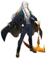 Rule 34 | 1boy, absurdres, beard, blue pants, facial hair, full body, game cg, god of harvest kamael, guardian tales, highres, holding, holding weapon, jacket, jacket on shoulders, long hair, looking at viewer, official art, pants, solo, standing, transparent background, watch, weapon, white hair, yellow eyes