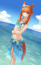 Rule 34 | 1girl, animal ears, aqua eyes, arm at side, bare shoulders, bikini, bracelet, braid, breasts, cleavage, commentary request, cowboy shot, crown braid, feet out of frame, flower, hair flower, hair ornament, hand on own hip, highres, horse ears, horse girl, horse tail, jewelry, long hair, looking at viewer, mouth hold, navel, necklace, orange hair, sarong, silence suzuka (emerald on the waves) (umamusume), silence suzuka (umamusume), small breasts, smile, solo, swimsuit, tail, thigh strap, umamusume, yamada (c57hikaru)