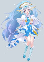 Rule 34 | 10s, 1girl, blue eyes, blue footwear, blue hair, boots, cacao (99chocolove99), capelet, cure ange, dress, earrings, full body, grey background, hair ornament, head wings, hugtto! precure, jewelry, knee boots, long hair, looking at viewer, magical girl, precure, simple background, smile, solo, standing, white capelet, white dress, wings, wrist cuffs, yakushiji saaya