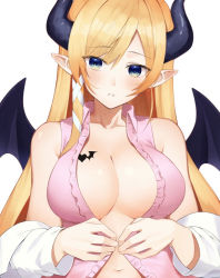 Rule 34 | 1girl, bare shoulders, bat tattoo, blonde hair, blouse, blue eyes, blush, breast tattoo, breasts, center frills, cleavage, demon girl, demon horns, demon wings, frills, heart, heart tattoo, hololive, horns, large breasts, long hair, long sleeves, looking at viewer, navel, no bra, off shoulder, open clothes, open shirt, parted lips, pink shirt, pointy ears, shirt, solo, straight hair, tattoo, upper body, very long hair, virtual youtuber, wings, yuya (yuya illust), yuzuki choco, yuzuki choco (1st costume)