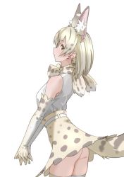 Rule 34 | 1girl, absurdres, animal ear fluff, animal ears, bare shoulders, bow, bowtie, brown eyes, commentary, elbow gloves, extra ears, gloves, high-waist skirt, highres, interlocked fingers, kemono friends, medium hair, own hands together, platinum blonde hair, print bow, print bowtie, print gloves, print skirt, serval print, shirt, simple background, skirt, sleeveless, sleeveless shirt, solo, tail, tanabe (fueisei), thighhighs, white background, white serval (kemono friends), white shirt