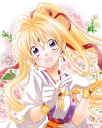 Rule 34 | 1990s (style), 1girl, :d, artist name, bad id, bad pixiv id, blonde hair, blurry, blurry background, bracelet, crescent, crescent earrings, cross, drill hair, earrings, floral background, forehead jewel, gem, gloves, hair ribbon, high ponytail, index finger raised, jewelry, kaitou jeanne, kamikaze kaitou jeanne, kusakabe maron, long hair, looking at viewer, minato1026, official style, open mouth, pointing, pointing at viewer, ponytail, purple eyes, red ribbon, ribbon, sidelocks, smile, solo, upper body, white gloves