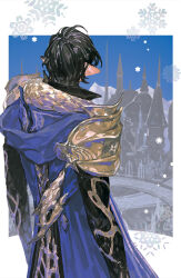 Rule 34 | 1boy, armor, aymeric de borel, black hair, blue cape, blue sky, building, cape, castle, chinese commentary, collared shirt, commentary request, elezen, elf, final fantasy, final fantasy xiv, from behind, hangleing, long sleeves, male focus, mountain, ornate clothes, pauldrons, pointy ears, shirt, short hair, shoulder armor, sky, snow, snowflakes, snowing, solo, very long cape