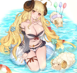 Rule 34 | 1girl, absurdres, ahoge, anila (granblue fantasy), anila (summer) (granblue fantasy), ball, balloon, bare shoulders, beachball, bikini, blonde hair, blunt bangs, blush, breasts, cleavage, closed mouth, collarbone, detached sleeves, draph, flower, gluteal fold, granblue fantasy, hair flower, hair ornament, hair ribbon, highres, horns, innertube, large breasts, lips, long hair, looking at viewer, nail polish, navel, open mouth, ribbon, ribbon-trimmed bikini, ribbon-trimmed sleeves, ribbon trim, sheep, sheep horns, sherryqq, short eyebrows, skindentation, smile, solo, strap slip, swim ring, swimsuit, thick eyebrows, thigh gap, very long hair, water, wet, yellow eyes, yellow nails