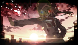 Rule 34 | 1girl, absurdres, aihara fuu, aiharafu, blood, building, glowing, glowing eyes, green hair, grin, hair over one eye, hand in pocket, highres, hood, hoodie, kagerou project, kido tsubomi, mekakushi code (vocaloid), red eyes, smile, solo, sunlight, torn clothes, vocaloid, wind