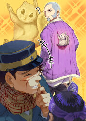 +++ 1girl 2boys ? ^_^ animal asirpa blush buzz_cut closed_eyes commentary_request facial_hair flying_squirrel goatee golden_kamuy hat headband laughing looking_back lying military_hat multiple_boys nekosoul on_back pointing purple_headband scar scar_on_face scarf shiraishi_yoshitake short_hair sideburns squirrel sugimoto_saichi very_short_hair