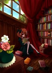 Rule 34 | 1girl, bad id, bad pixiv id, bird, book, curtains, flower, hachino, indoors, open book, reading, ribbon, sitting, solo, twintails, window