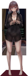 Rule 34 | 1girl, absurdres, ahoge, bare legs, barefoot, black shirt, blouse, breasts, brown eyes, brown hair, collared shirt, couch, feet, full body, highres, indoors, large breasts, long sleeves, looking at viewer, mole, mole on breast, naked shirt, no bra, numaguro (tomokun0808), open clothes, open shirt, original, shirt, short hair, shy, solo, standing, underwear