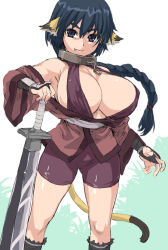 Rule 34 | 00s, 1girl, asanagi, bike shorts, breasts, cleavage, collar, fang, huge breasts, karulau, large breasts, solo, utawarerumono