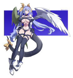 Rule 34 | 1girl, absurdres, angel wings, arms behind back, asymmetrical wings, bare shoulders, belt, black panties, black thighhighs, blue hair, blush, blush stickers, breasts, center opening, cleavage, collarbone, commentary, detached sleeves, dizzy (guilty gear), feathered wings, feathers, full body, guilty gear, guilty gear x, guilty gear xx, hair between eyes, hair ribbon, hair rings, high heels, highres, huanxiang huifeng, large breasts, long hair, long sleeves, looking at viewer, monster girl, navel, panties, puffy long sleeves, puffy sleeves, pulling own clothes, red eyes, revealing clothes, ribbon, shadow, sidelocks, simple background, skindentation, solo, stomach, tail, tail ornament, tail ribbon, thick thighs, thigh gap, thigh strap, thighhighs, thighs, twintails, twitter username, underboob, underwear, wings, yellow ribbon