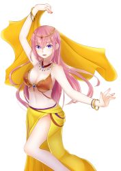 Rule 34 | 1girl, arm up, blue eyes, bracelet, breasts, choker, cleavage, dancing, earrings, floating hair, hair between eyes, highres, jewelry, large breasts, long hair, long skirt, looking at viewer, megurine luka, nail polish, navel, open mouth, pink hair, ponta (poqpon), red nails, side slit, simple background, skirt, solo, standing, very long hair, vocaloid, white background, yellow skirt