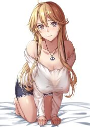 Rule 34 | 1girl, all fours, anchor ornament, blonde hair, blue eyes, breasts, cutoffs, denim, denim shorts, highres, iowa (kancolle), jewelry, kantai collection, kuurunaitsu, large breasts, necklace, off-shoulder shirt, off shoulder, shirt, shorts, solo, star-shaped pupils, star (symbol), symbol-shaped pupils, white shirt