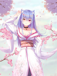 Rule 34 | 1girl, absurdres, animal ear fluff, animal ears, arm up, bad id, bad pixiv id, bare shoulders, blue hair, blunt bangs, blush, breasts, cat ears, cat girl, cherry blossoms, cleavage, closed mouth, collarbone, commentary request, cowboy shot, dahe zhuang (yishi fanhua), floral print, hand on own hip, head tilt, heterochromia, highres, japanese clothes, kimono, kimono pull, long hair, long sleeves, looking at viewer, obi, off shoulder, orange eyes, ouka (komine shiro), petals, pink eyes, print kimono, sash, sidelocks, small breasts, smile, solo, straight hair, v, very long hair, white kimono