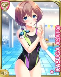 Rule 34 | 1girl, :d, asato kasuga, black one-piece swimsuit, blue eyes, brown hair, card, character name, collarbone, competition swimsuit, day, dress, girlfriend (kari), indoor pool, indoors, official art, one-piece swimsuit, open mouth, qp:flapper, red dress, shirt, short hair, smile, solo, swim goggles, swimsuit, tagme