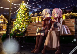 Rule 34 | 2girls, absurdres, bag, blue eyes, boots, christmas, christmas lights, christmas tree, highres, holding hands, jacket, kankake kann kake, knee boots, long hair, long skirt, looking at another, multiple girls, night, night sky, on bench, one side up, open mouth, original, outdoors, pink hair, red eyes, scarf, shared clothes, shared scarf, shopping bag, sitting, skirt, sky, smile, snowing, white hair, yuri