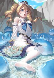 Rule 34 | 1girl, absurdres, arm support, barbara (genshin impact), bare shoulders, blonde hair, blue eyes, blue sky, blush, detached sleeves, dress, genshin impact, grass, hair between eyes, highres, in water, no shoes, outdoors, pantyhose, partially submerged, priestess, rock, sitting, sky, slime, strap, twintails, water, wet, wet clothes, white dress, white headwear, white pantyhose, white sleeves, wow+