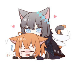 Rule 34 | 1boy, 1girl, blush, cat boy, cat girl, cat tail, chibi, commentary request, crying, fang, fate/grand order, fate (series), flying sweatdrops, fujimaru ritsuka (female), fujimaru ritsuka (female) (polar chaldea uniform), heart, herliearse, highres, oberon (fate), oberon (third ascension) (fate), on ground, simple background, sitting, sitting on person, spoilers, tail, tail wrap, white background, wings
