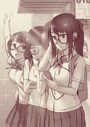 Rule 34 | 4girls, = =, arm up, backpack, bag, blunt bangs, blurry, blush, breasts, bus stop, buttons, cellphone, collared shirt, commentary, day, depth of field, dress shirt, earphones, glasses, holding, holding phone, holding strap, light rays, lineup, long hair, looking at viewer, looking down, medium breasts, monochrome, motion lines, multiple girls, neck ribbon, open mouth, original, outdoors, outstretched arm, phone, pleated skirt, ponytail, rectangular eyewear, ribbon, rotix, school uniform, shirt, short sleeves, sidelocks, skirt, smartphone, sparkle, standing, swept bangs, wing collar