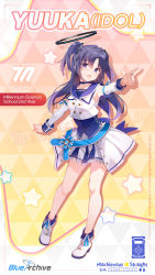 Rule 34 | 1girl, absurdres, artist request, bare legs, bare shoulders, blue archive, choker, detached sleeves, dress, english text, halo, high heels, highres, idol, mischievous straight uniform (blue archive), official alternate costume, official art, open mouth, purple eyes, purple hair, sailor collar, shirt, skirt, sleeveless, star (symbol), white footwear, white shirt, white skirt, yuuka (blue archive)