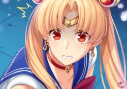 Rule 34 | 1girl, bishoujo senshi sailor moon, bishoujo senshi sailor moon s, blonde hair, blue sailor collar, bow, bowtie, choker, cosplay, derivative work, earrings, ereshkigal (fate), fate/grand order, fate (series), infinity symbol, jewelry, long hair, meme, okitakung, open mouth, parted bangs, red bow, red bowtie, red eyes, sailor collar, sailor moon, sailor moon (cosplay), sailor moon redraw challenge (meme), sailor senshi uniform, screenshot redraw, skull, solo, sweatdrop, two side up, upper body, very long hair