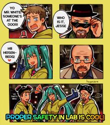 Rule 34 | !, !!, ..., 1girl, 2boys, :d, \m/, ^ ^, absurdres, animification, aqua eyes, aqua hair, bald, beard, breaking bad, brown facial hair, closed eyes, comic, crossover, english text, erlenmeyer flask, facial hair, flask, gas mask, glasses, green eyes, hatsune miku, highres, holding, holding flask, huyandere, jesse pinkman, jumpsuit, long hair, mask, meme, multiple boys, one eye closed, open mouth, outline, safety glasses, scene reference, smile, speech bubble, spoken ellipsis, sunglasses, thumbs up, twintails, very long hair, vocaloid, walter white, walter white breaks down (meme), white outline, wrinkled skin, yellow jumpsuit