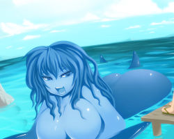 Rule 34 | ass, blue eyes, blue hair, breasts, monster girl, noise (lesion949), ocean, open mouth