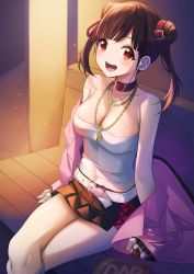 Rule 34 | 1girl, absurdres, bad id, bad pixiv id, blush, breasts, brown hair, chain necklace, cleavage, collarbone, crossed legs, double bun, hair bun, highres, idolmaster, idolmaster shiny colors, jacket, jacket partially removed, jewelry, large breasts, leather choker, looking at viewer, miniskirt, navel, necklace, on bench, outdoors, pink jacket, pleated skirt, red eyes, round teeth, sitting, skirt, smile, solo, sonoda chiyoko, sora (men0105), strapless, teeth, tube top, twintails, white tube top