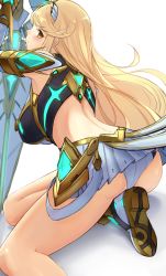 Rule 34 | 1girl, armor, ass, back, blonde hair, blush, breasts, cleavage cutout, clothing cutout, faulds, highres, ippers, large breasts, long hair, looking at viewer, looking back, mythra (xenoblade), nintendo, open mouth, shoulder armor, simple background, skirt, swept bangs, sword, thighs, tiara, weapon, white background, white footwear, white skirt, xenoblade chronicles (series), xenoblade chronicles 2, yellow eyes