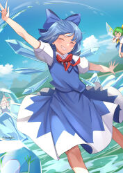 Rule 34 | 2girls, animal, blue bow, blue dress, blue hair, blush, bow, cirno, closed eyes, collared shirt, daiyousei, daweykun, detached wings, dress, fairy, fairy wings, frog, frozen frog, green eyes, green hair, grin, hair bow, highres, ice, ice wings, long hair, multiple girls, outstretched arms, puffy short sleeves, puffy sleeves, shirt, short hair, short sleeves, side ponytail, smile, spread arms, touhou, twitter username, white shirt, wings