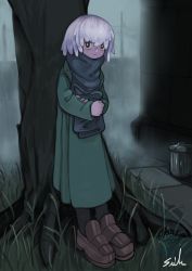 Rule 34 | 1girl, absurdres, black eyes, bright pupils, brown footwear, dress, fog, grass, green dress, highres, lalah 7th, long sleeves, original, outdoors, shoes, short hair, signature, solo, tree, white hair, white pupils