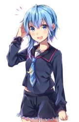 Rule 34 | 10s, 1girl, ahoge, asymmetrical hair, betti (maron), blouse, blue eyes, blue hair, blue necktie, blue shirt, blue shorts, blush, crescent, crescent pin, fang, frilled shorts, frills, highres, kantai collection, long sleeves, looking at viewer, matching hair/eyes, minazuki (kancolle), necktie, open mouth, school uniform, serafuku, shirt, short hair, short hair with long locks, shorts, simple background, smile, solo, standing, white background