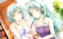 Rule 34 | 2018, 2girls, aqua hair, artist name, bang dream!, bare arms, book, bookshelf, bow, braid, breasts, cleavage, closed mouth, collarbone, colored eyelashes, commentary request, dated, door, green eyes, hair bow, hand up, highres, hikawa hina, hikawa sayo, holding, holding book, holding quill, indoors, long hair, looking at viewer, masa (mirage77), multiple girls, nightgown, partial commentary, plant, purple nightgown, quill, short hair, siblings, side braids, sisters, smile, twins, upper body, white nightgown, yellow bow