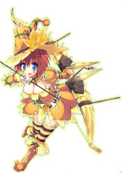 Rule 34 | 1girl, armor, arrow (projectile), blue eyes, boots, bow (weapon), breasts, capcom, cleavage, female focus, halloween, hat, kizuki erika, monster hunter (series), monster hunter portable 3rd, mosgharl (armor), open mouth, red hair, short hair, smile, solo, thighhighs, weapon, witch hat