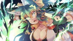 Rule 34 | 1girl, animal ears, black gloves, breasts, brown hair, cleavage, collarbone, commentary request, crossed bangs, fang, fingerless gloves, gloves, glowing, green eyes, green hair, hair between eyes, hair ribbon, kuromiya, kuromiya raika, large breasts, long hair, looking at viewer, multicolored hair, open mouth, original, outstretched arm, ribbon, solo, two-tone hair, yellow ribbon