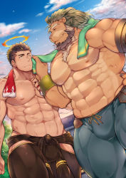 Rule 34 | 2boys, abs, animal ears, arsalan (tokyo houkago summoners), bara, beard, black bodysuit, black hair, blush, bodysuit, bulge, chest hair, couple, facial hair, flame print, furry, furry male, furry with non-furry, halo, highres, hip vent, interspecies, large pectorals, lion boy, lion ears, looking at another, male focus, mature male, medium hair, multiple boys, muscular, muscular male, navel, nipples, open bodysuit, open clothes, pants, pectorals, pelvic curtain, short hair, sideburns, skin tight, sky, smile, stomach, stubble, sweat, thick thighs, thighs, tight clothes, tight pants, tokyo houkago summoners, topless male, towel, towel around neck, wafu (youzora samo18), wiping face, wiping sweat, yaoi, zabaniyya (housamo)