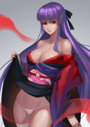 Rule 34 | 1girl, absurdres, arm at side, asagami fujino, asagami fujino (third ascension), bad id, bad pixiv id, bare shoulders, black kimono, black ribbon, blunt bangs, breasts, cleavage, clothes lift, collarbone, d.sum, ears through headwear, floral print, grey background, hair ornament, highres, japanese clothes, kara no kyoukai, kimono, kimono lift, large breasts, lifted by self, lips, long hair, long sleeves, obi, off shoulder, panties, parted lips, purple hair, red eyes, ribbon, sash, shaded face, shawl, shiny skin, simple background, single thighhigh, solo, thighhighs, thighs, underwear, very long hair, white panties, white thighhighs, wide sleeves