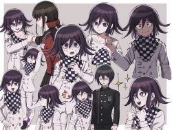 Rule 34 | 1girl, 2boys, absurdres, ahoge, angry, arm grab, arms up, black hair, black jacket, black pants, bojue (hakus 1128), border, buttons, checkered background, checkered clothes, checkered neckwear, checkered scarf, clenched teeth, closed eyes, closed mouth, commentary request, danganronpa (series), danganronpa v3: killing harmony, double-breasted, evil grin, evil smile, grey background, grin, hair ornament, hair scrunchie, harukawa maki, highres, holding, jacket, long sleeves, looking at viewer, male focus, multiple boys, multiple views, neck grab, oma kokichi, open mouth, pants, plaid, profile, red scrunchie, saihara shuichi, scarf, scrunchie, shaded face, shirt, short hair, smile, star-shaped pupils, star (symbol), striped clothes, striped jacket, sweat, symbol-shaped pupils, teeth, upper body, white border