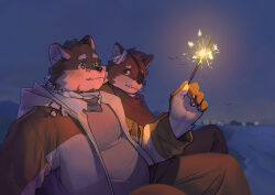 Rule 34 | 2boys, 9x8bit, absurdres, bara, belly, couple, dog boy, fat, fat man, firecrackers, from side, furry, furry male, furry with furry, happy, highres, holding, jacket, looking at another, male focus, multiple boys, new year, night, night sky, original, short hair, sitting, sky, smile, thick eyebrows, yaoi