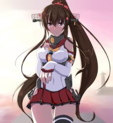 Rule 34 | 10s, 1girl, absurdres, breasts, brown eyes, brown hair, crying, crying with eyes open, flower, hair flower, hair ornament, happy tears, highres, jewelry, kantai collection, large breasts, long hair, personification, ponytail, ring, single thighhigh, skirt, smile, solo, tears, thighhighs, very long hair, yamato (kancolle), yatufusa1
